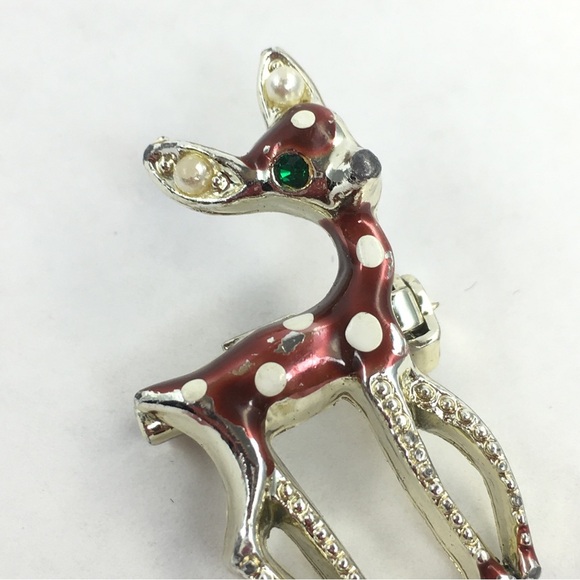 Vintage Reindeer Pin Tiny Christmas Bambi Rudolph The Red Nose Reindeer Brooch - Picture 9 of 11